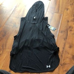 black sleeveless and hooded sheer under armour shirt